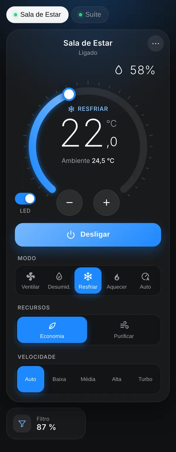 Interface WebView resfriando, com Economia, Purificar, LED e modos.