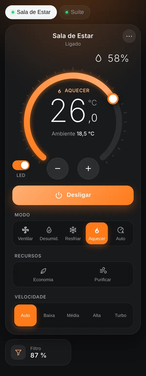 A cor da interface acompanha o modo do ar-condicionado.
