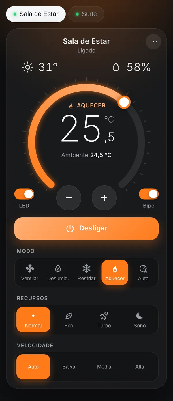 A cor da interface acompanha o modo do ar-condicionado.