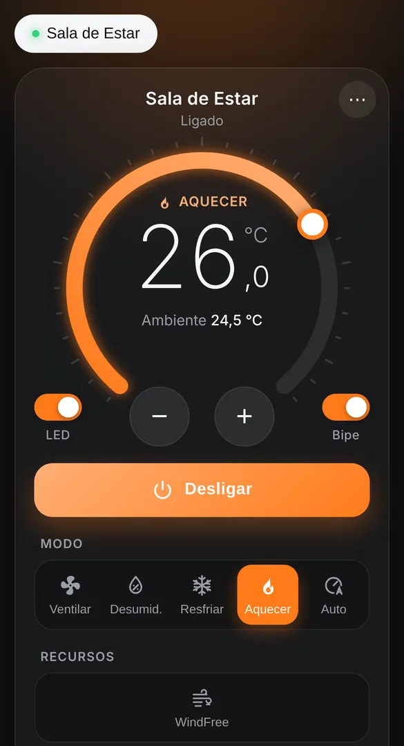 The interface color follows the air conditioner mode.