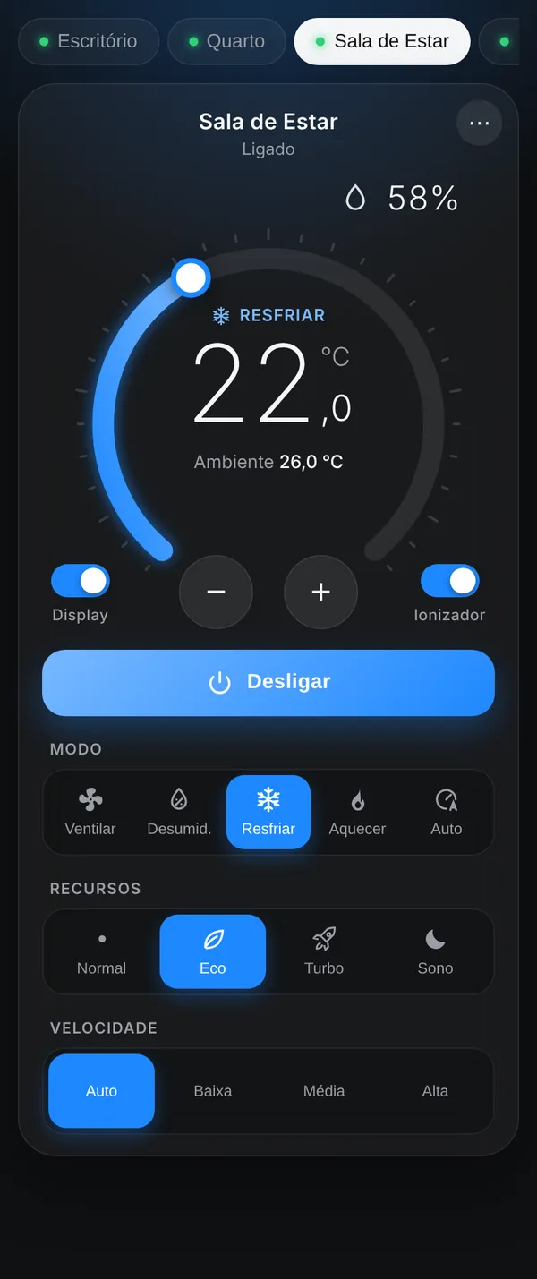 Interface WebView resfriando, com display, ionizador, recursos e modos.