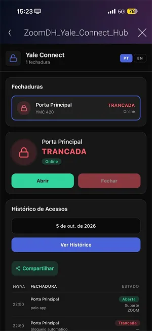List of locks with state, Open and Close buttons and history by date.