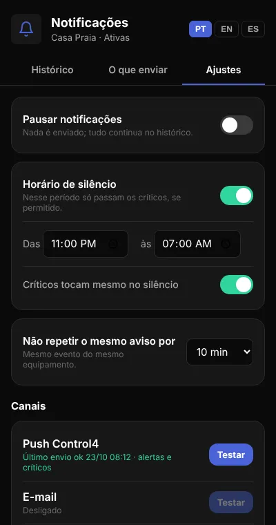 Ajustes de silêncio, pausa e anti-repetição.