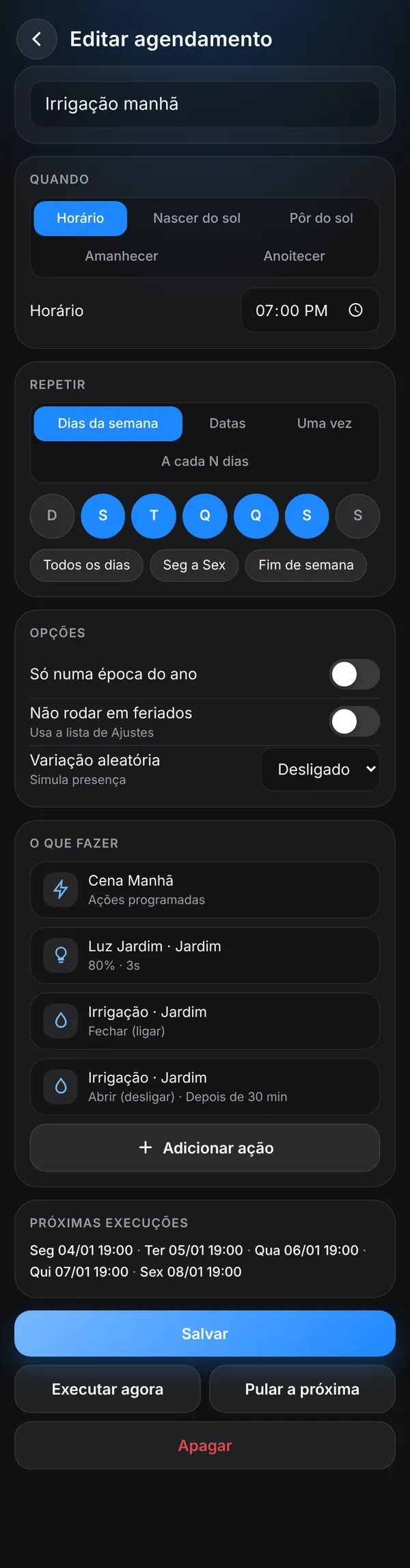 Editor - quando roda, repetição, opções e ações, com as próximas execuções.