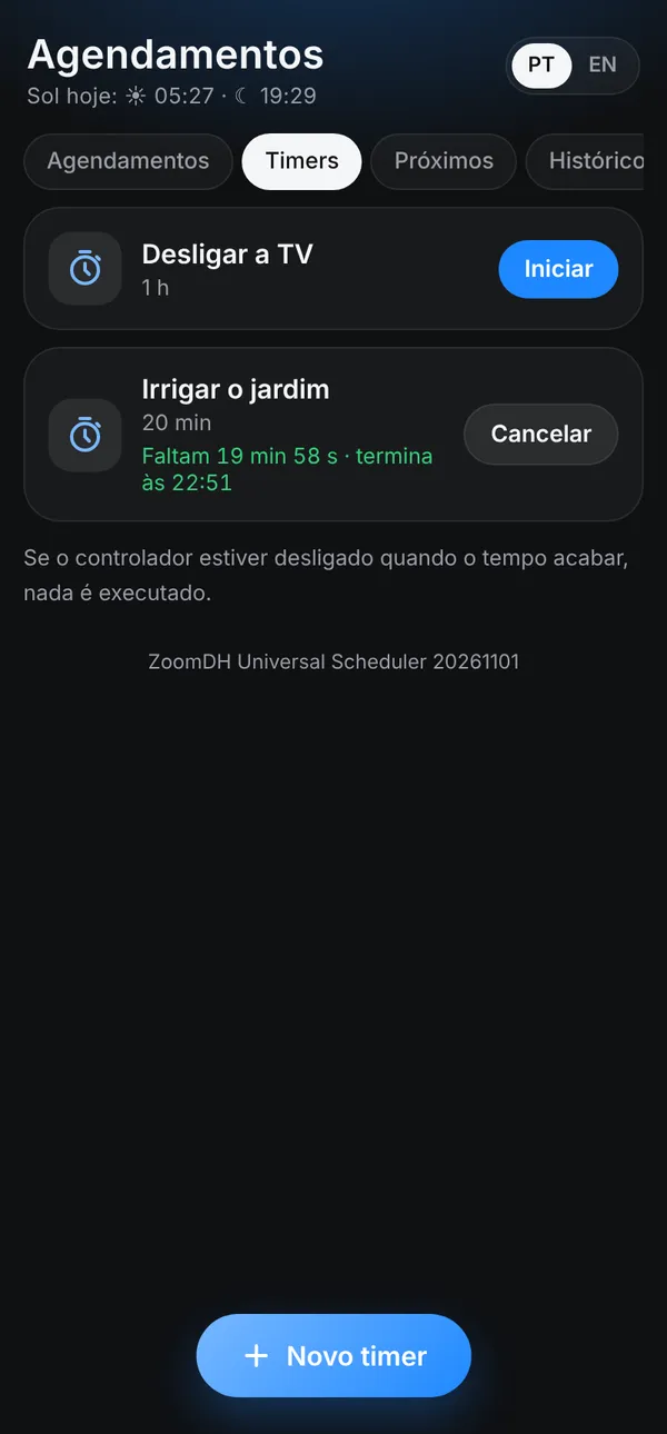 Timers com tempo restante e hora de término.